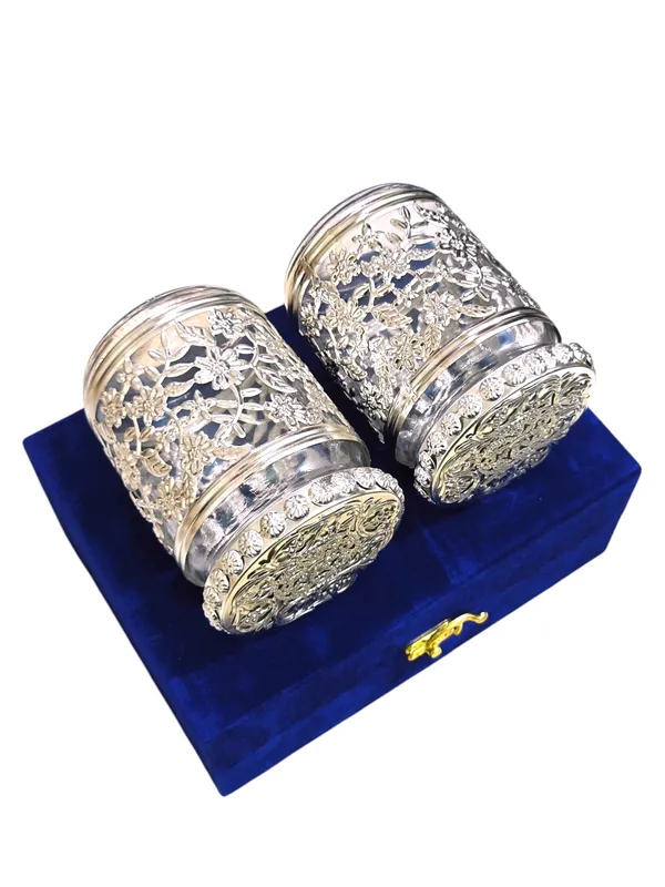 Set_of_2_Glass_Dry_Fruit_Jars_with_German_Silver_Metal_Flower_Work_&_Velvet_Box_–_Premium_Wedding_Return_Gift