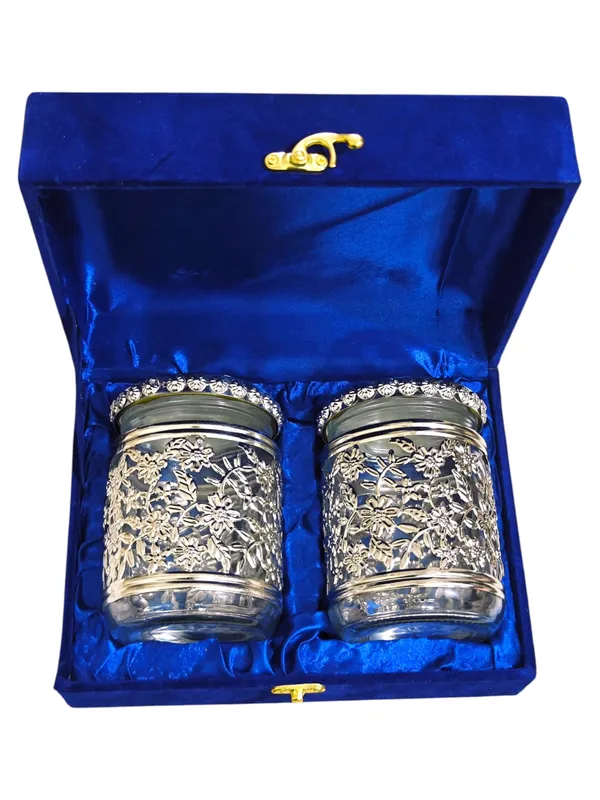 Set_of_2_Glass_Dry_Fruit_Jars_with_German_Silver_Metal_Flower_Work_&_Velvet_Box_–_Premium_Wedding_Return_Gift