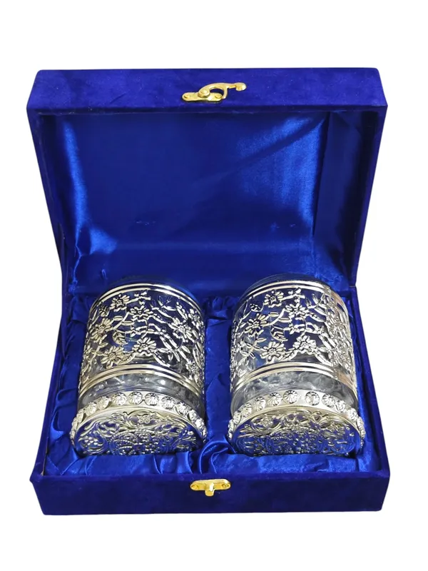 Set_of_2_Glass_Dry_Fruit_Jars_with_German_Silver_Metal_Flower_Work_&_Velvet_Box_–_Premium_Wedding_Return_Gift