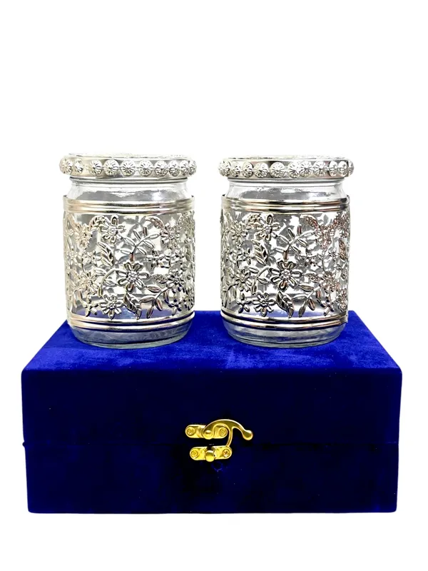 Set_of_2_Glass_Dry_Fruit_Jars_with_German_Silver_Metal_Flower_Work_&_Velvet_Box_–_Premium_Wedding_Return_Gift