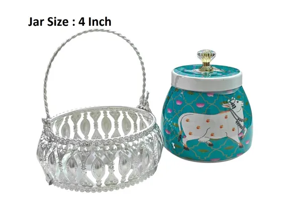 Elegant_Silver_Plated_Dry_Fruit_Basket_&_Hand-Painted_Metal_Jar_Set_(Green)