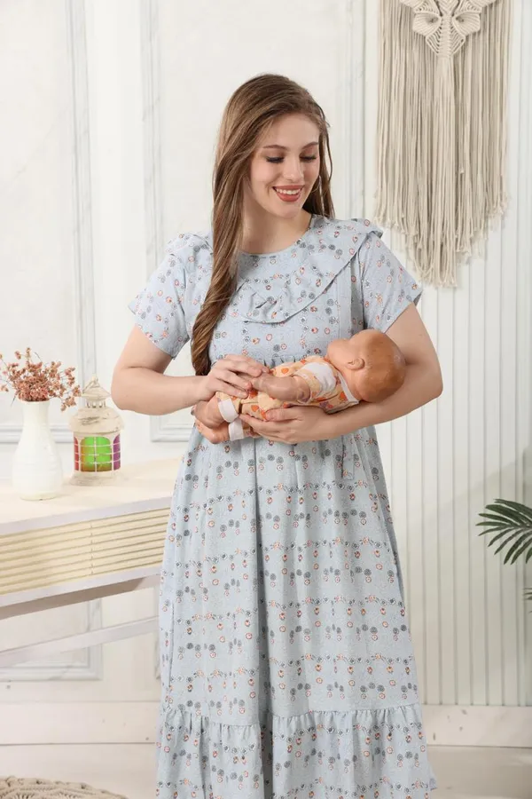 Friled_Neck_Floral_Print_Maternity_Dress