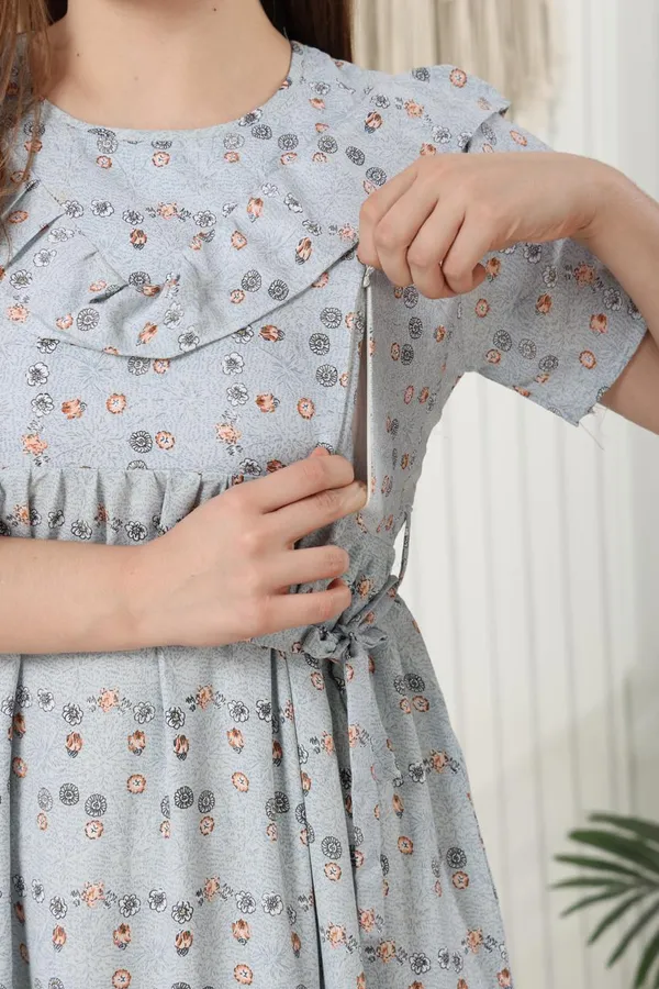 Friled_Neck_Floral_Print_Maternity_Dress