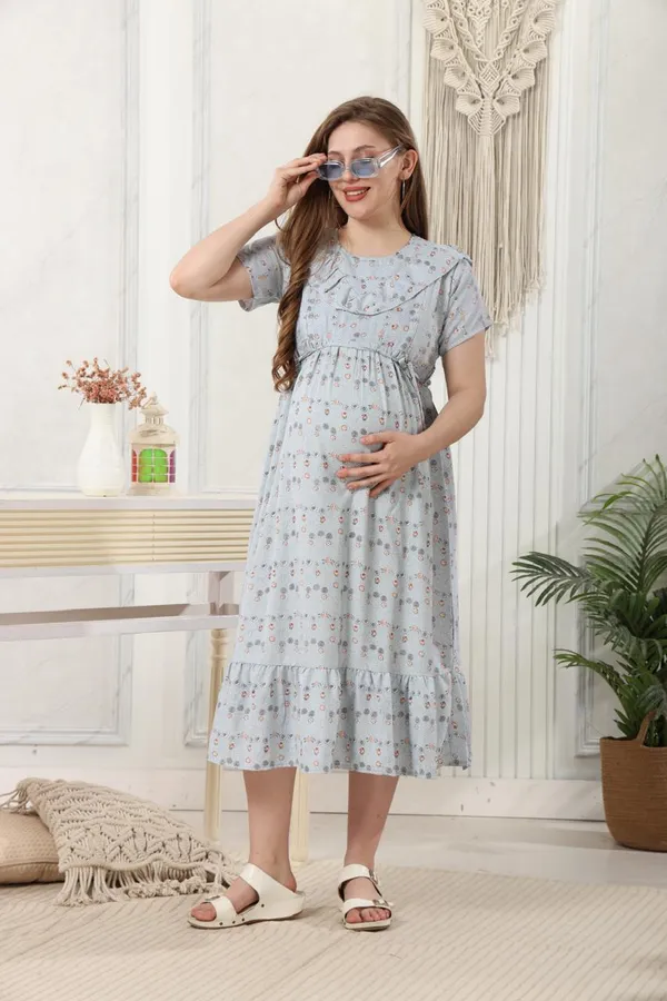 Friled_Neck_Floral_Print_Maternity_Dress