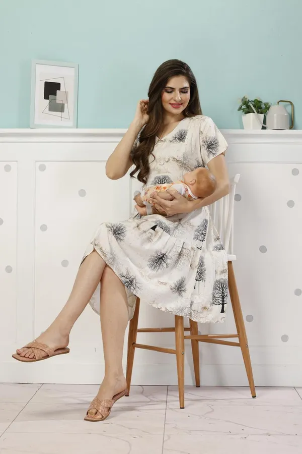 Cream_Maternity_Dress_Cotton_Solid_Maternity_Dress_For_Women
