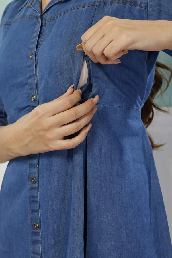 Light_Blue_Cotton_Collared_Denim_Maternity_Dress|Denim_Feeding_Dress_For_Women