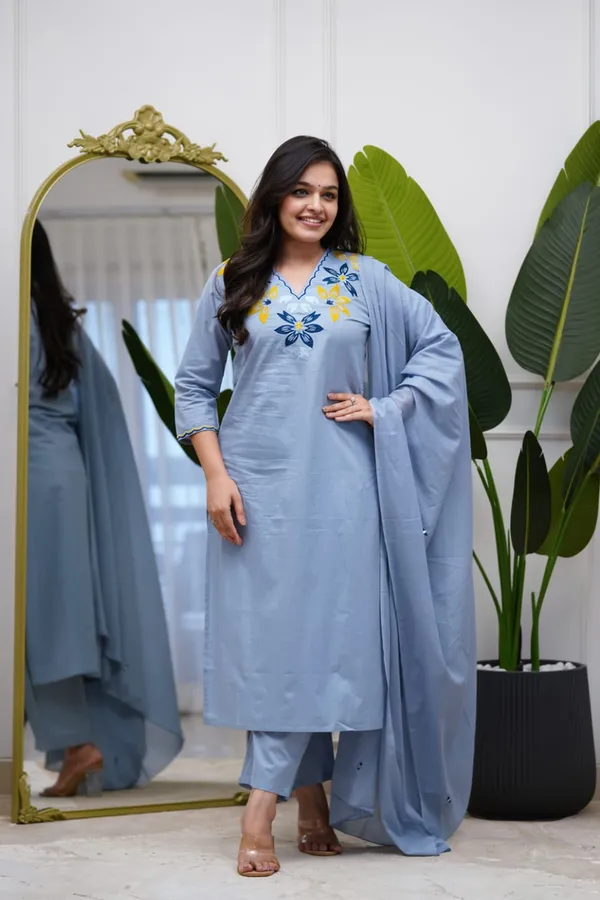Designer_Heavy_Embroidered_Pure_Fine_Cotton_Kurta,_Pant_&_Mul_Cotton_Dupatta_3-Piece_Set_Blue