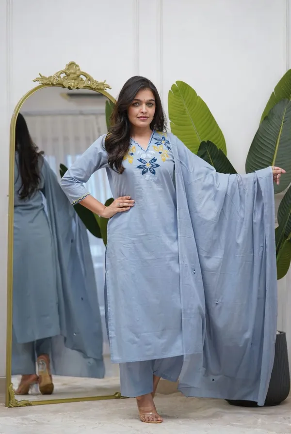 Designer_Heavy_Embroidered_Pure_Fine_Cotton_Kurta,_Pant_&_Mul_Cotton_Dupatta_3-Piece_Set_Blue