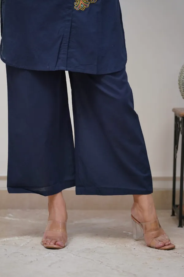 Designer_Pure_Cotton_60/60_Embroidered_Co-ord_Set_with_Tassels_&_Button_Detailing_Blue