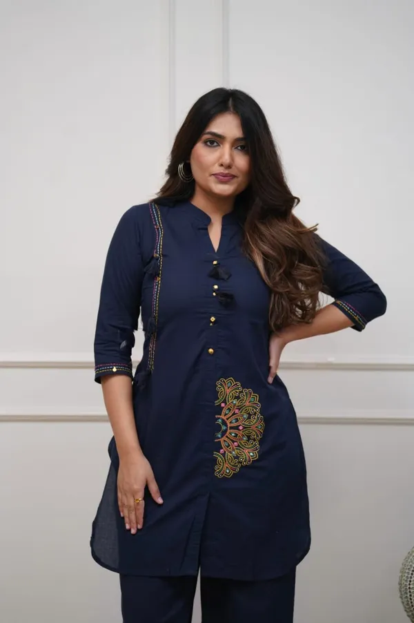 Designer_Pure_Cotton_60/60_Embroidered_Co-ord_Set_with_Tassels_&_Button_Detailing_Blue