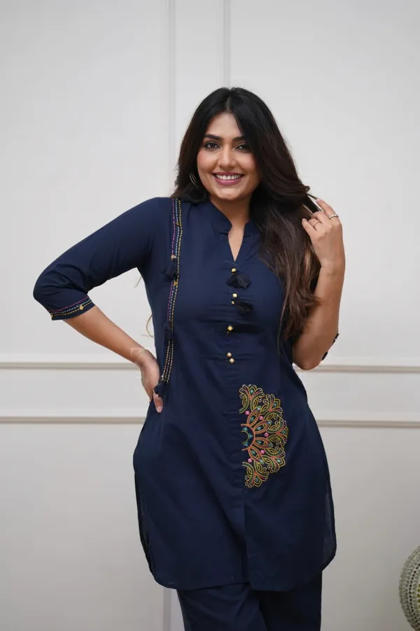 Designer_Pure_Cotton_60/60_Embroidered_Co-ord_Set_with_Tassels_&_Button_Detailing_Blue