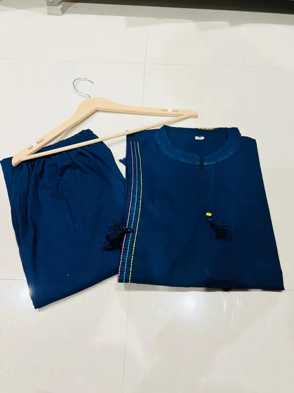 Designer_Pure_Cotton_60/60_Embroidered_Co-ord_Set_with_Tassels_&_Button_Detailing_Blue
