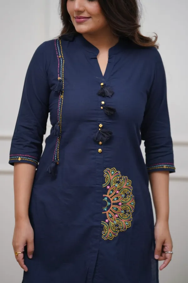 Designer_Pure_Cotton_60/60_Embroidered_Co-ord_Set_with_Tassels_&_Button_Detailing_Blue