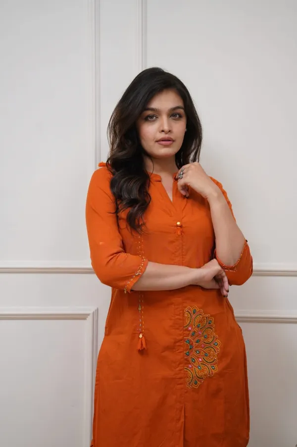 Designer_Pure_Cotton_60/60_Embroidered_Co-ord_Set_with_Tassels_&_Button_Detailing_Rust