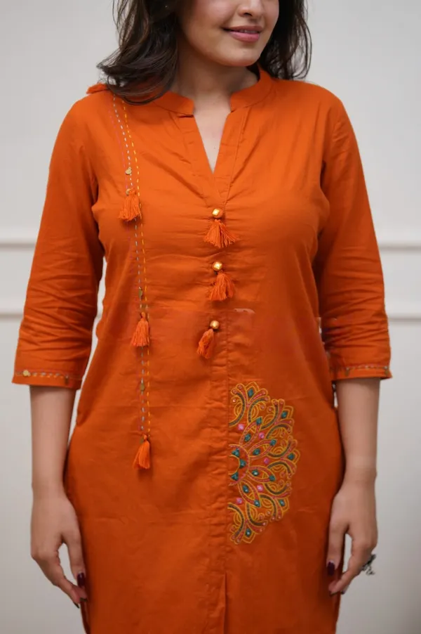 Designer_Pure_Cotton_60/60_Embroidered_Co-ord_Set_with_Tassels_&_Button_Detailing_Rust