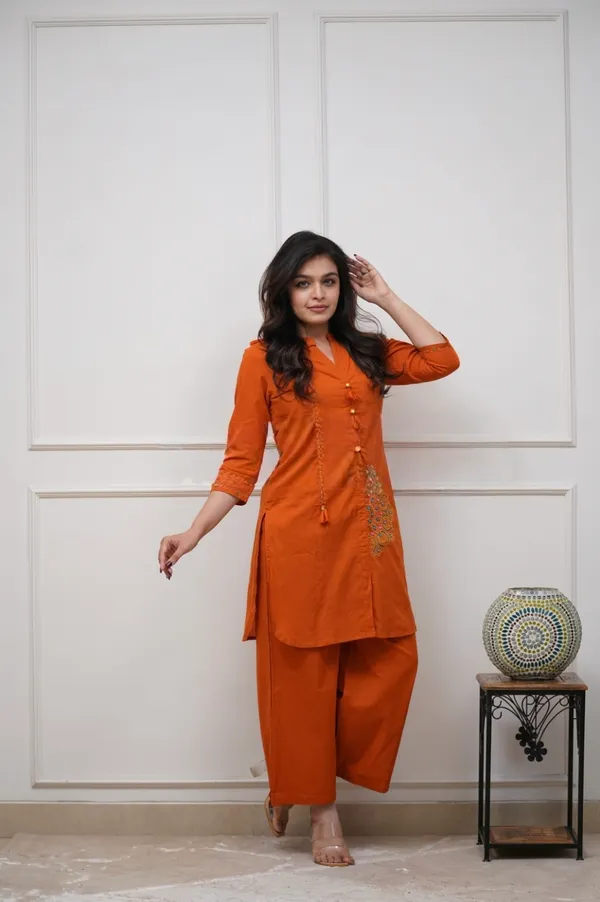Designer_Pure_Cotton_60/60_Embroidered_Co-ord_Set_with_Tassels_&_Button_Detailing_Rust