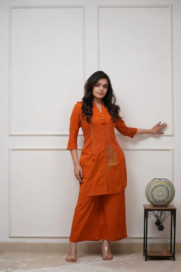 Designer_Pure_Cotton_60/60_Embroidered_Co-ord_Set_with_Tassels_&_Button_Detailing_Rust