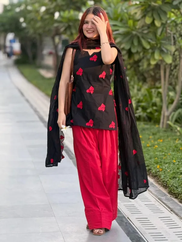 Elegant_Black_&_Red_Cotton_Kurti,_Farshi_Salwar_&_Cutwork_Dupatta_3-Piece_Set