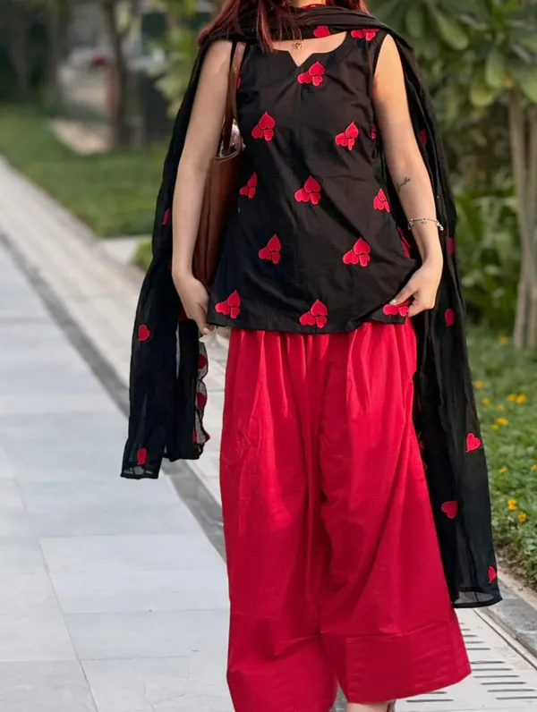 Elegant_Black_&_Red_Cotton_Kurti,_Farshi_Salwar_&_Cutwork_Dupatta_3-Piece_Set
