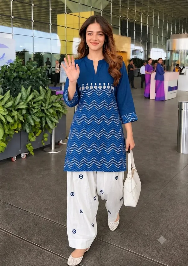 Navy_Blue_Printed_Kurti_paired_with_a_White_Embroidered_evil_eye_Farshi_Salwar