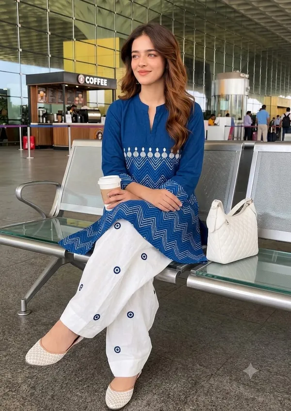 Navy_Blue_Printed_Kurti_paired_with_a_White_Embroidered_evil_eye_Farshi_Salwar