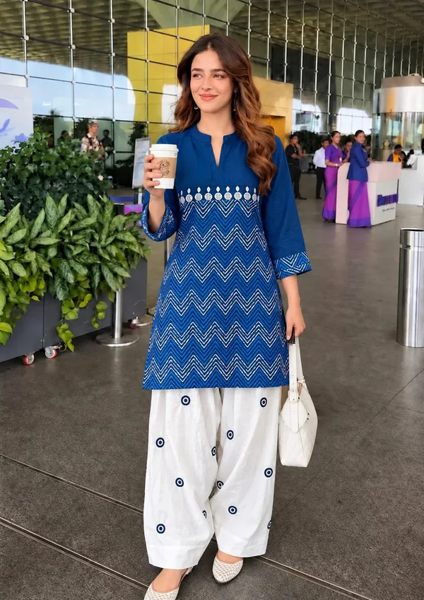 Navy_Blue_Printed_Kurti_paired_with_a_White_Embroidered_evil_eye_Farshi_Salwar