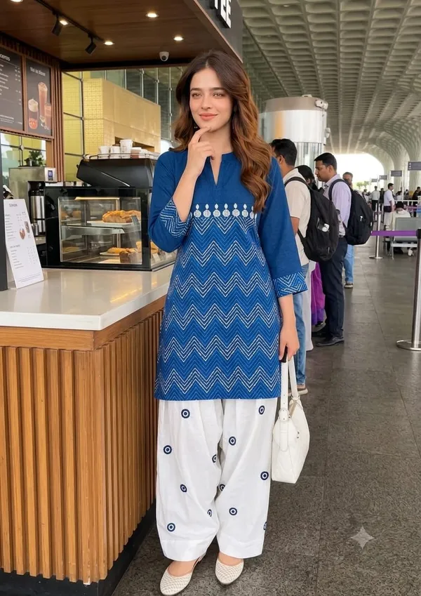 Navy_Blue_Printed_Kurti_paired_with_a_White_Embroidered_evil_eye_Farshi_Salwar