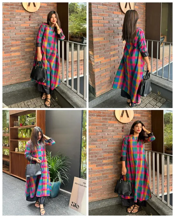 Smart_Mul_Cotton_A-Line_Kurti_&_60/60_Cotton_Plazo_Set_with_Madrasi_Checks