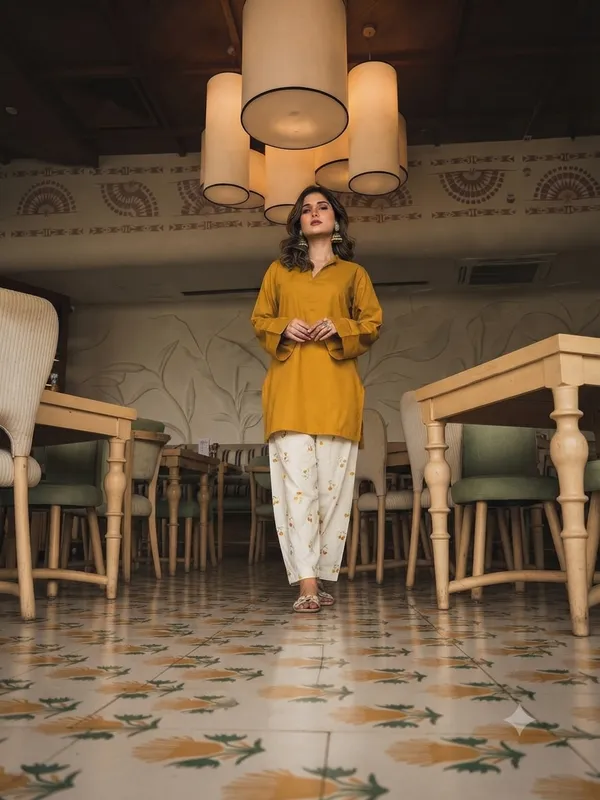 Trendy_Corset-Style_Cotton_Kurta_&_Off-White_Cherry_Motif_Farshi_Salwar_Set_Yellow