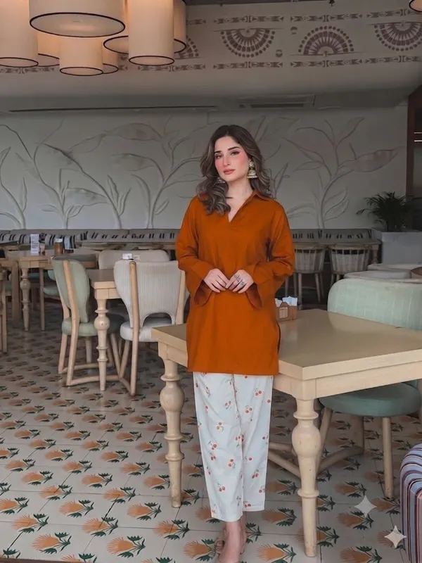Trendy_Corset-Style_Cotton_Kurta_&_Off-White_Cherry_Motif_Farshi_Salwar_Set_-Rust