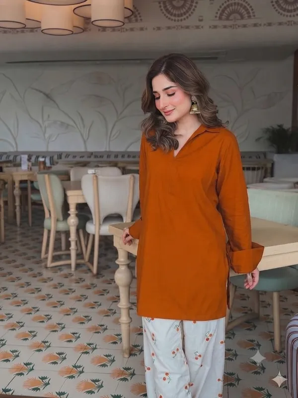 Trendy_Corset-Style_Cotton_Kurta_&_Off-White_Cherry_Motif_Farshi_Salwar_Set_-Rust