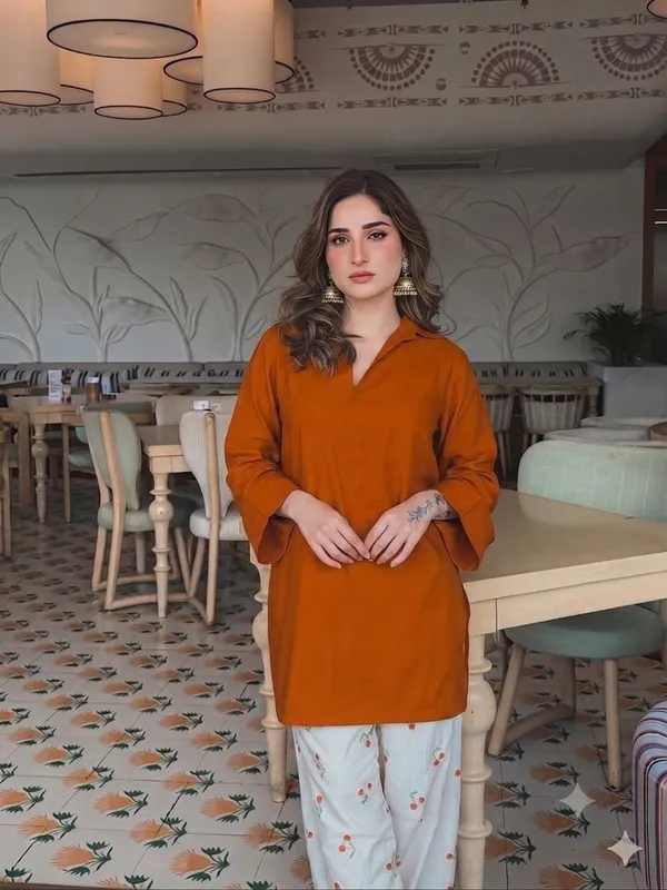 Trendy_Corset-Style_Cotton_Kurta_&_Off-White_Cherry_Motif_Farshi_Salwar_Set_-Rust