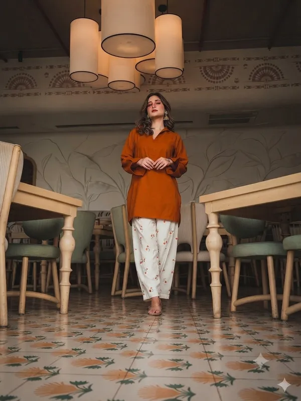 Trendy_Corset-Style_Cotton_Kurta_&_Off-White_Cherry_Motif_Farshi_Salwar_Set_-Rust