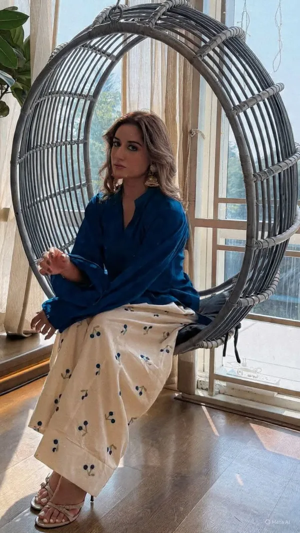 Trendy_Corset-Style_Cotton_Kurta_&_Off-White_Cherry_Motif_Farshi_Salwar_Set_-_Blue