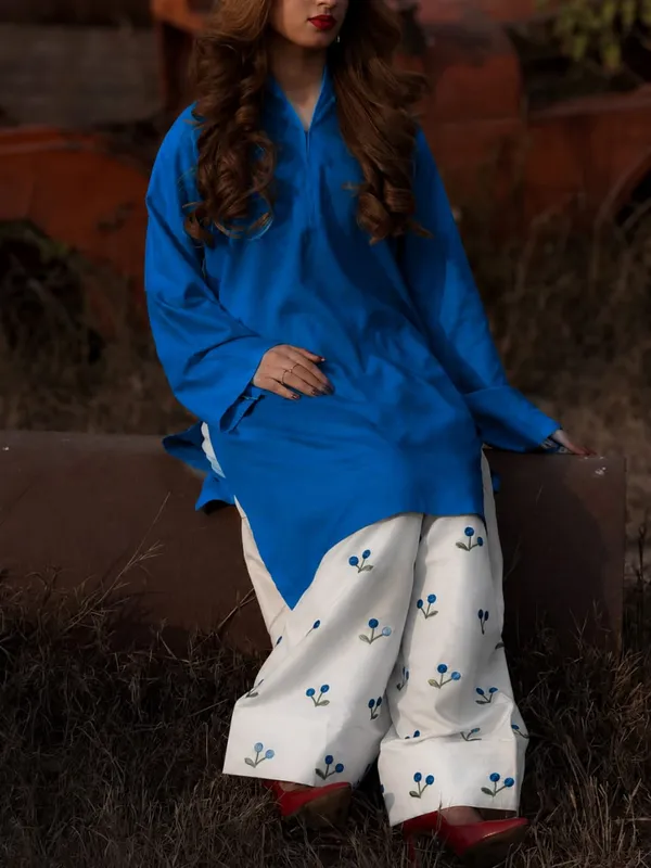 Trendy_Corset-Style_Cotton_Kurta_&_Off-White_Cherry_Motif_Farshi_Salwar_Set_-_Blue