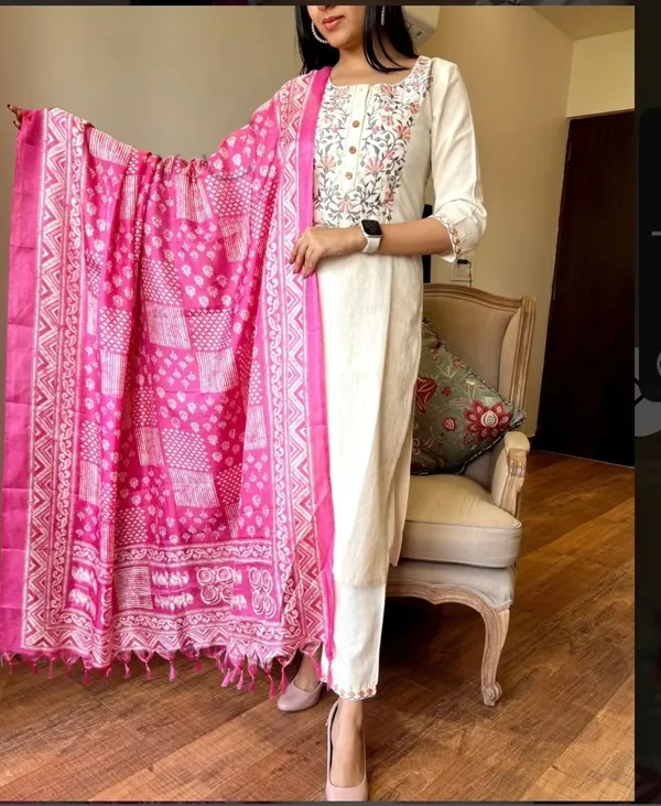 Cream_Khadi_Cotton_Kurti_Set_With_Dupatta_For_Women