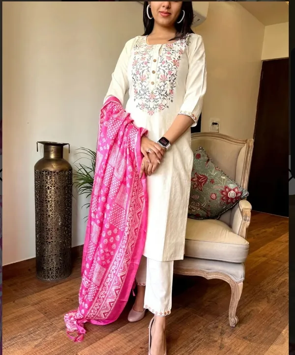 Cream_Khadi_Cotton_Kurti_Set_With_Dupatta_For_Women