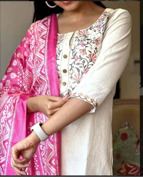 Cream_Khadi_Cotton_Kurti_Set_With_Dupatta_For_Women