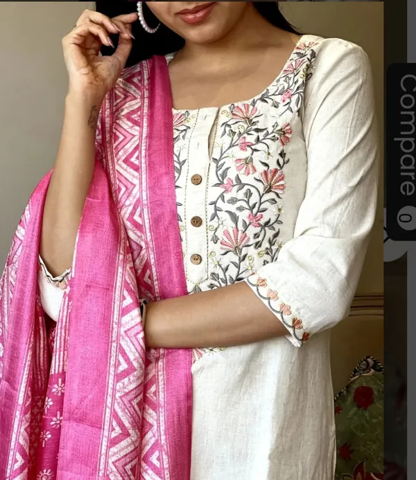 Cream_Khadi_Cotton_Kurti_Set_With_Dupatta_For_Women