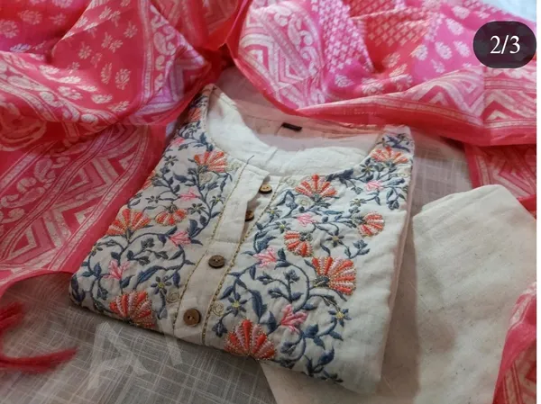 Cream_Khadi_Cotton_Kurti_Set_With_Dupatta_For_Women