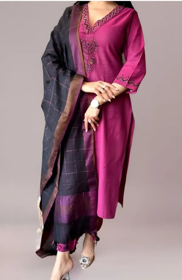 Wine_Khadi_Cotton_Kurti_Set__With_Linen_Dupatta__For_Women