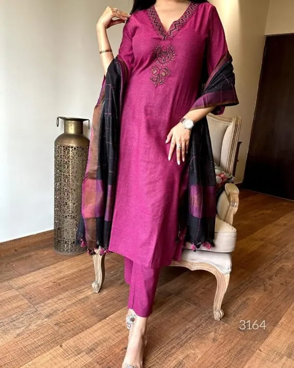 Wine_Khadi_Cotton_Kurti_Set__With_Linen_Dupatta__For_Women