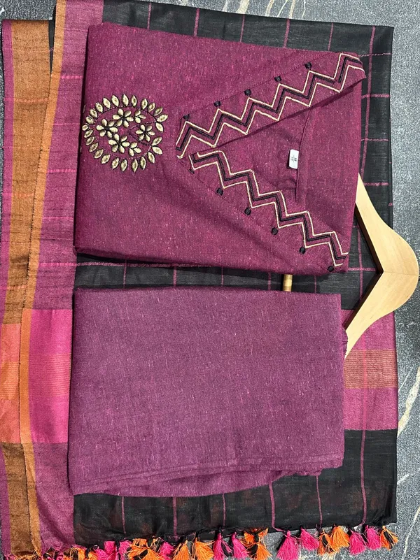 Wine_Khadi_Cotton_Kurti_Set__With_Linen_Dupatta__For_Women