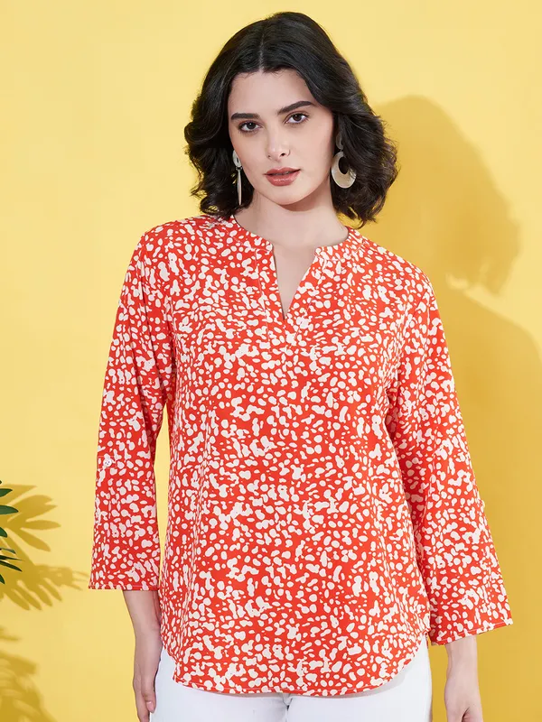Women_Floral_Printed_Orange_Mandarin_Neck_Crepe_Casual_Top