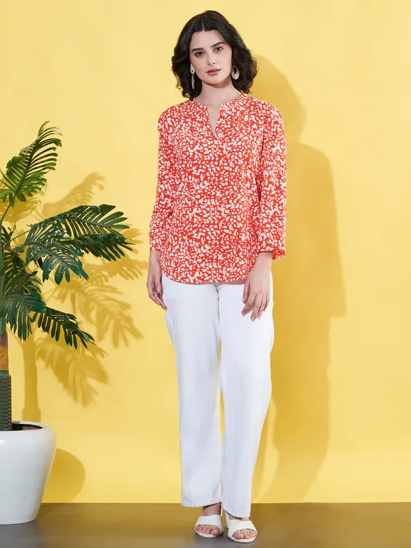 Women_Floral_Printed_Orange_Mandarin_Neck_Crepe_Casual_Top