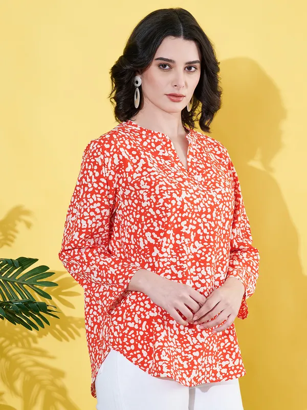 Women_Floral_Printed_Orange_Mandarin_Neck_Crepe_Casual_Top