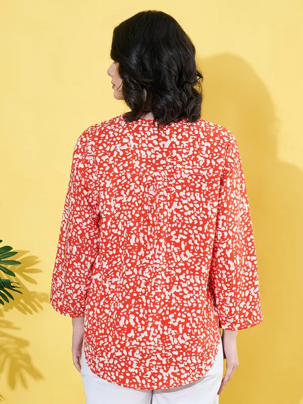 Women_Floral_Printed_Orange_Mandarin_Neck_Crepe_Casual_Top