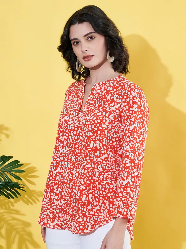 Women_Floral_Printed_Orange_Mandarin_Neck_Crepe_Casual_Top