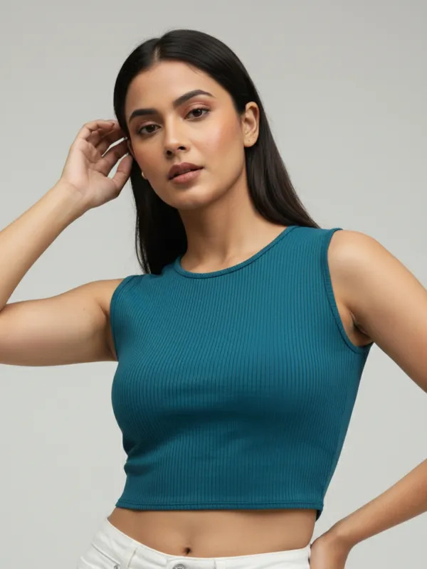 Women_Solid_Teal_Boat_Neck_Sleeveless_Ribbed_Fitted_Crop_Top