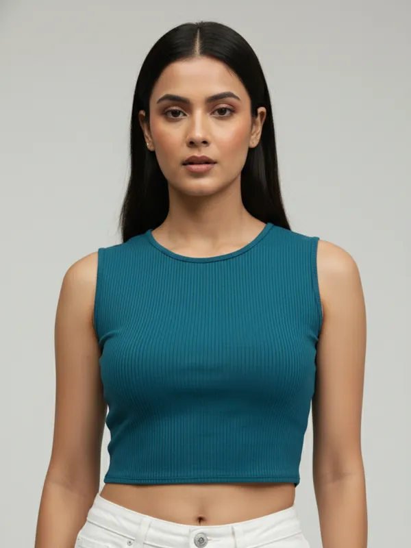 Women_Solid_Teal_Boat_Neck_Sleeveless_Ribbed_Fitted_Crop_Top